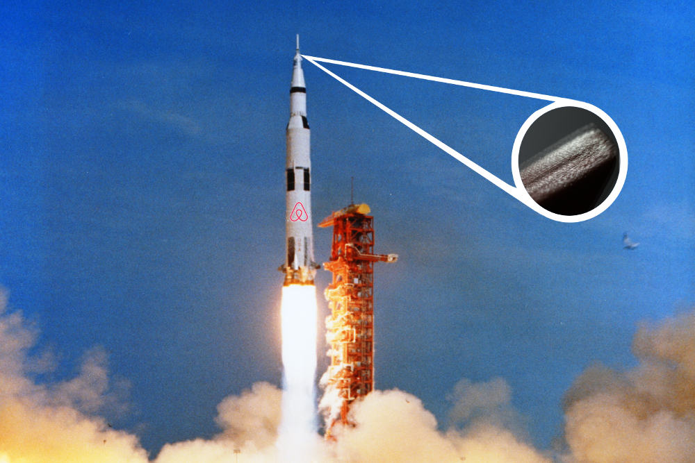Flow FP's Block Woman launches in AirBnB's Apollo 11 rocket.