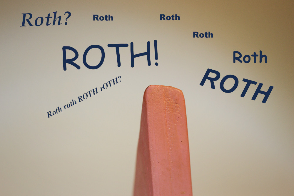 Block Woman looking at a wall with the word "Roth" written many times on it.