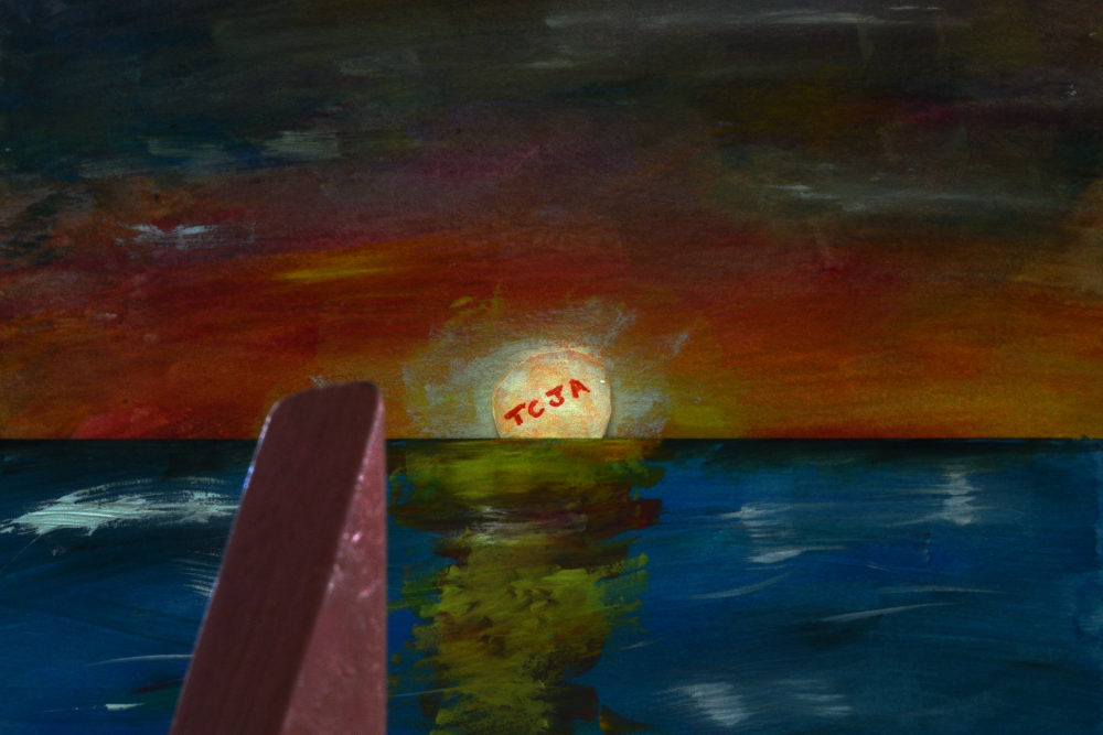 A shadowy Block Woman views a yellow ball labeled with red initials TCJA partially below the horizon of a blue and green sea.