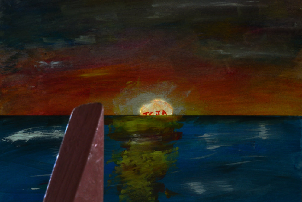 A shadowy Block Woman views a yellow ball labeled with red initials TCJA almost fully hidden below the horizon of a blue and green sea.